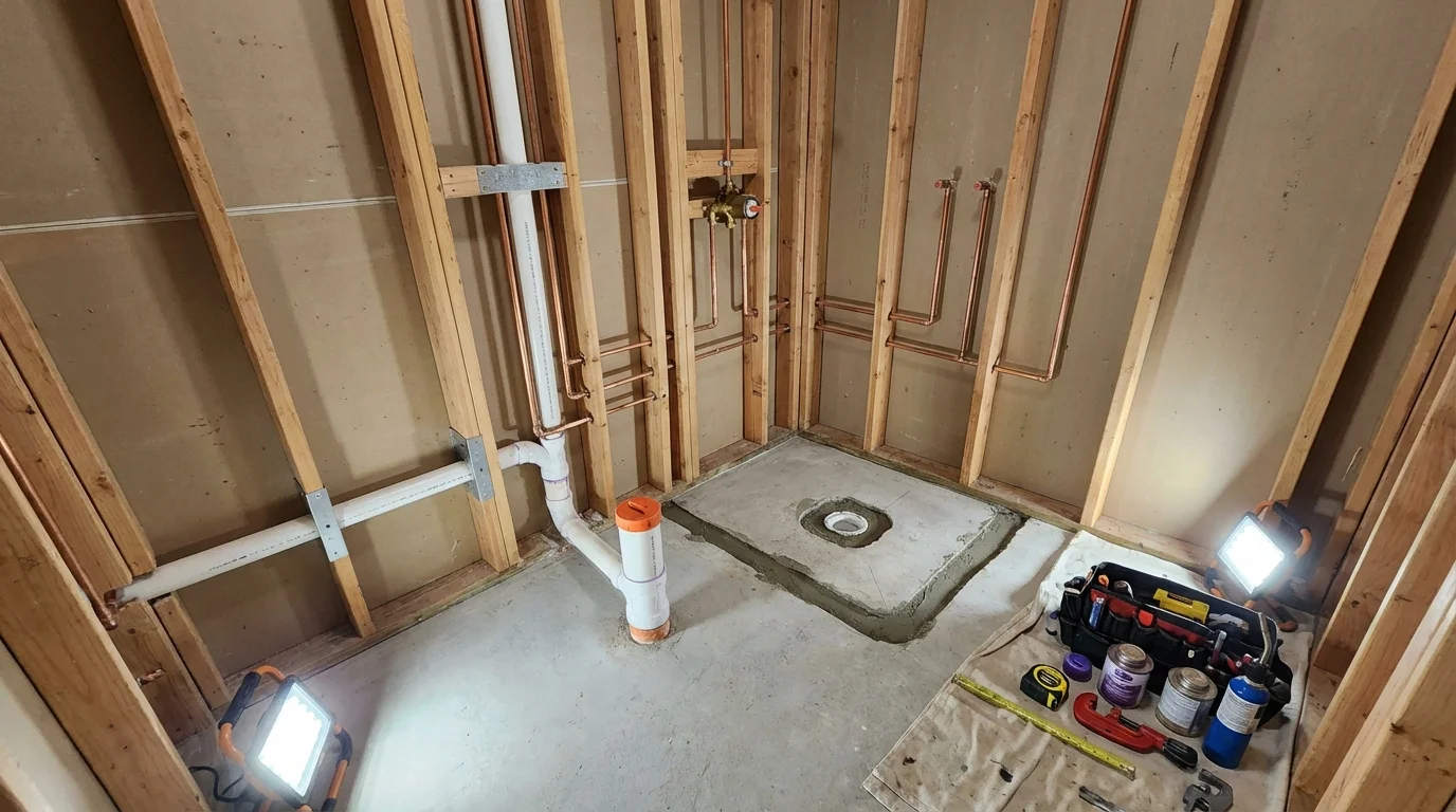 Bathroom rough-in plumbing during remodel by Johns Plumbing LLC in Bassett