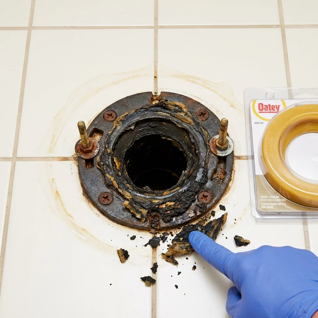 Failed wax ring showing water seepage at the base of a toilet in a Bassett, NE home