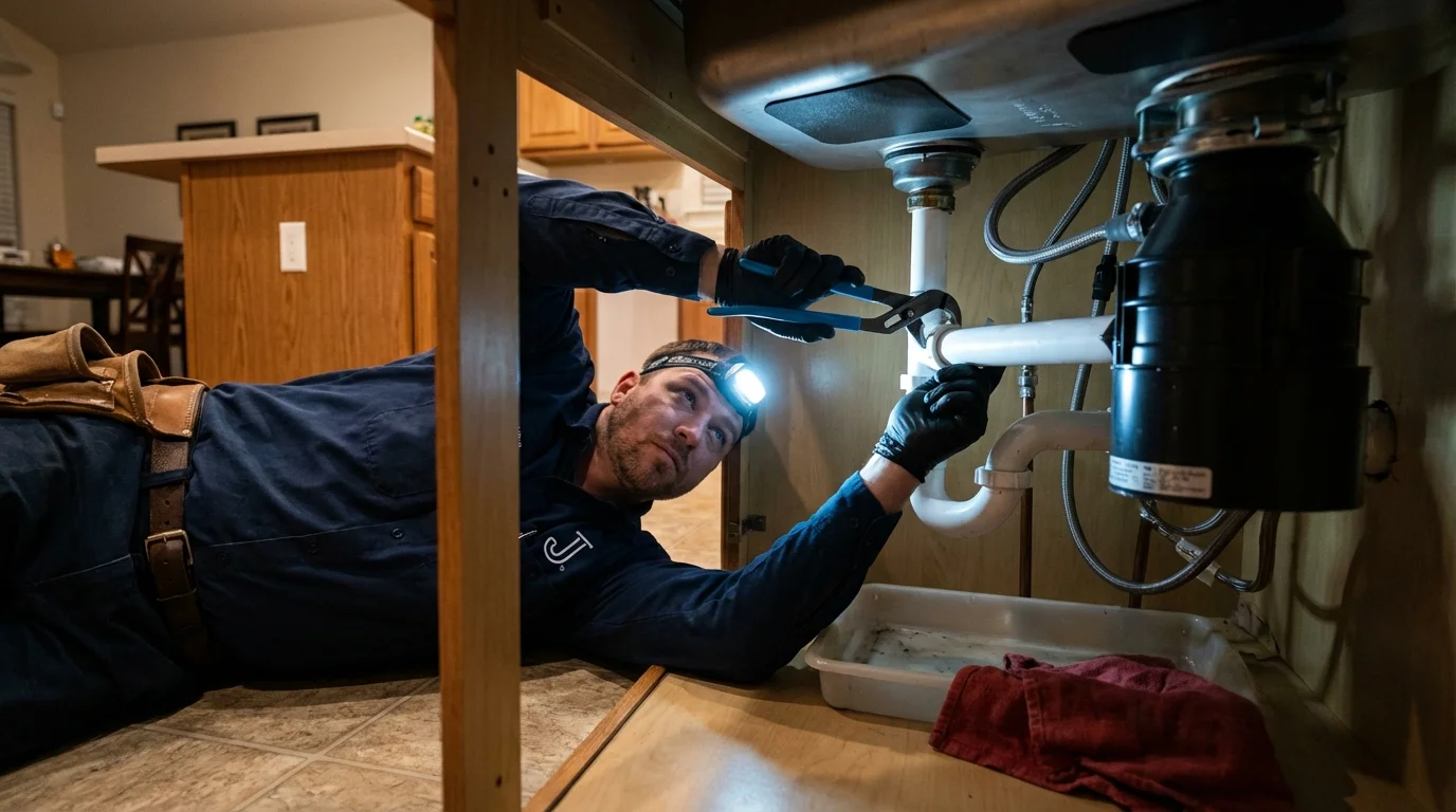 P-trap and supply line connections under a kitchen sink showing a common leak point in Bassett, NE